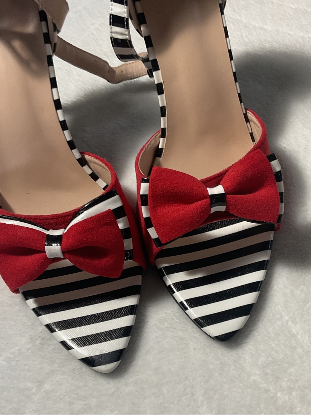 Striped Pointed Toe heels with Red Bow